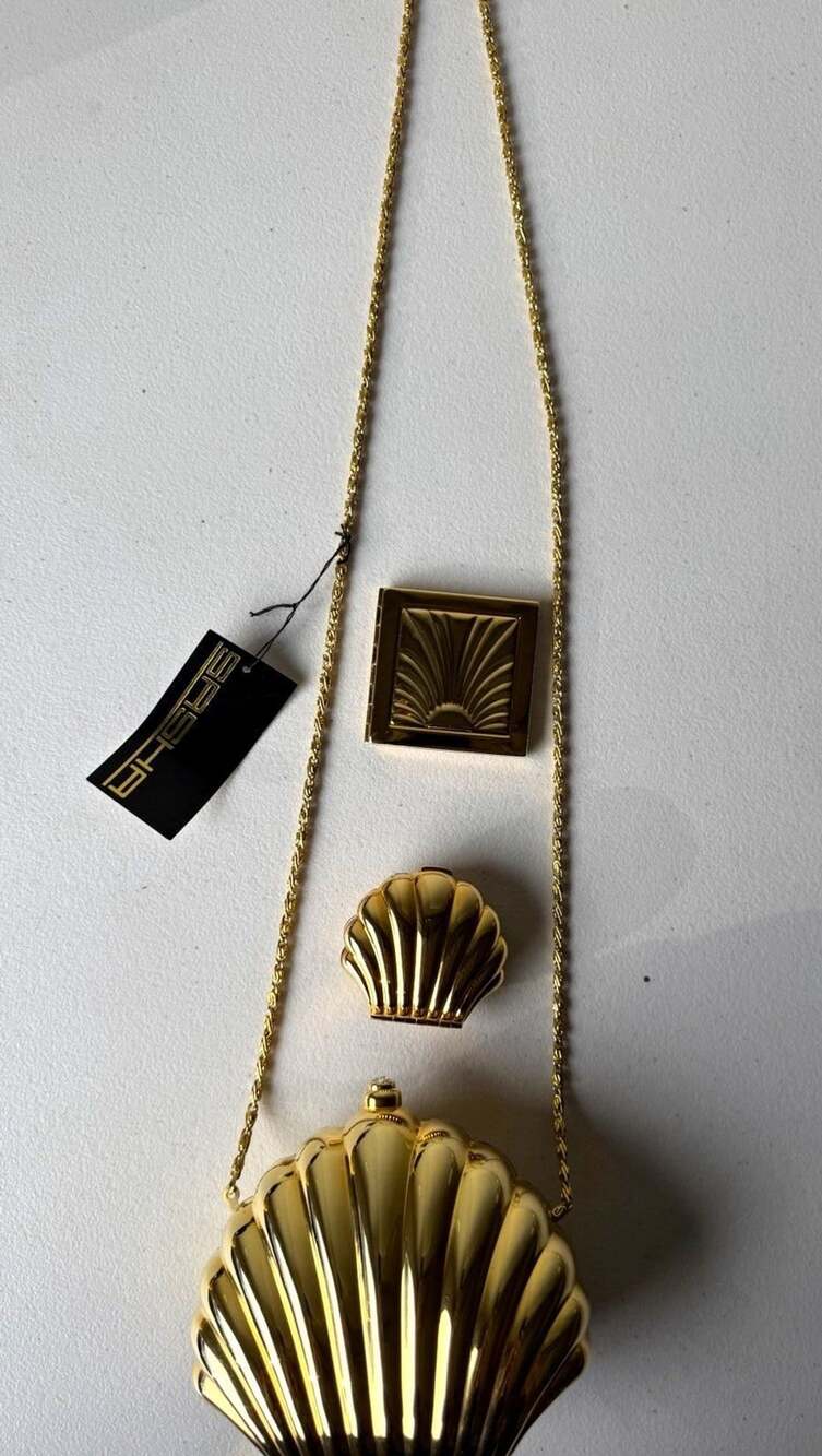 Sasha Gold Metallic Seashell Clutch w/ Rhinestone Accents Chain Strap